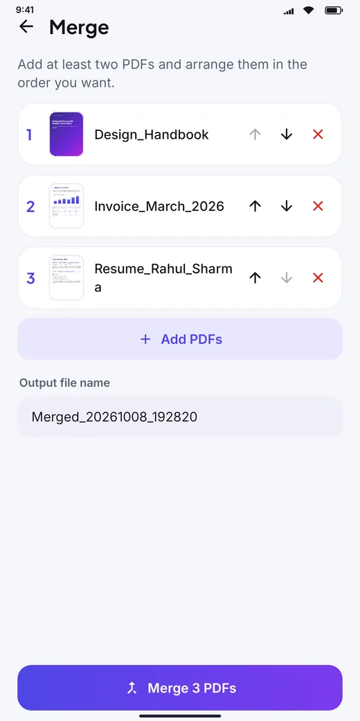 PDF Viewer merge screen