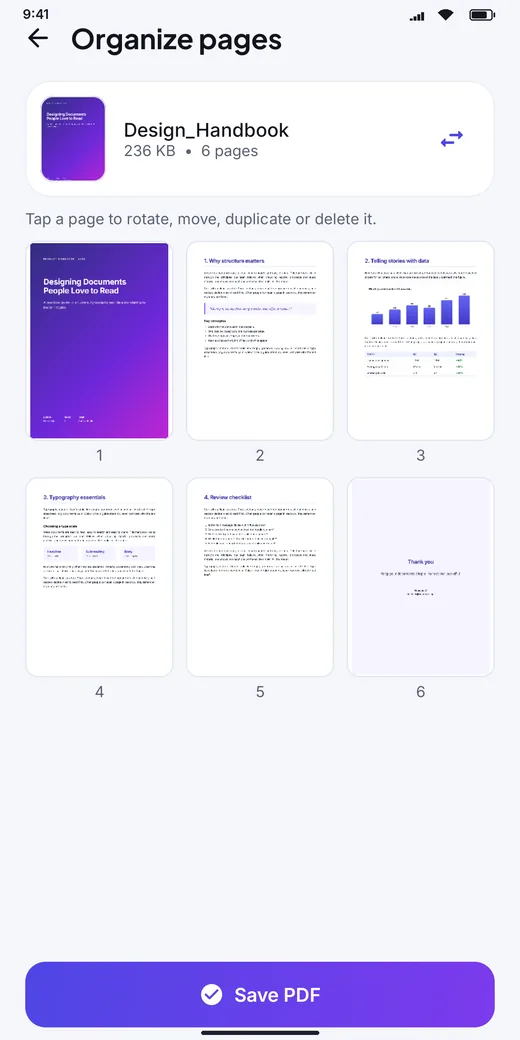 PDF Viewer organize pages screen
