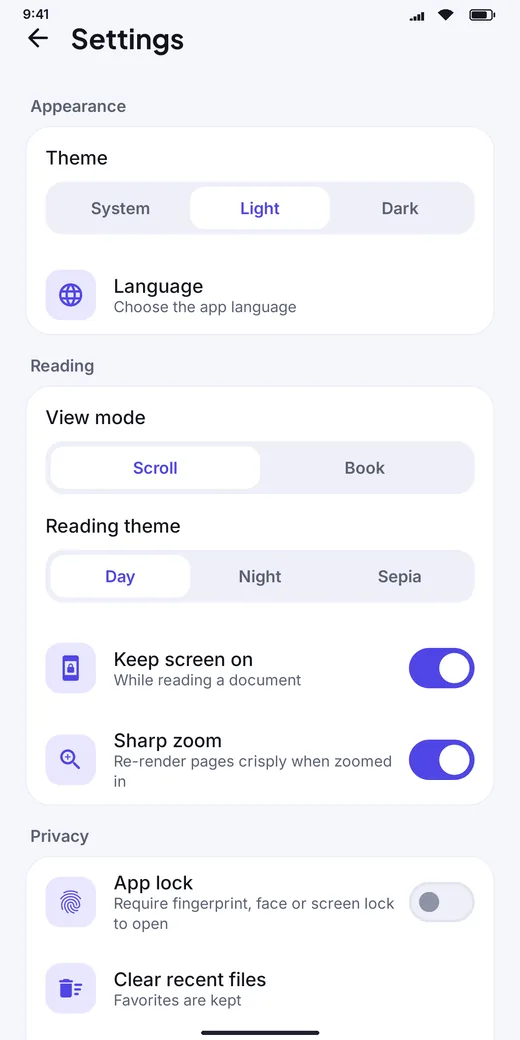 PDF Viewer settings screen