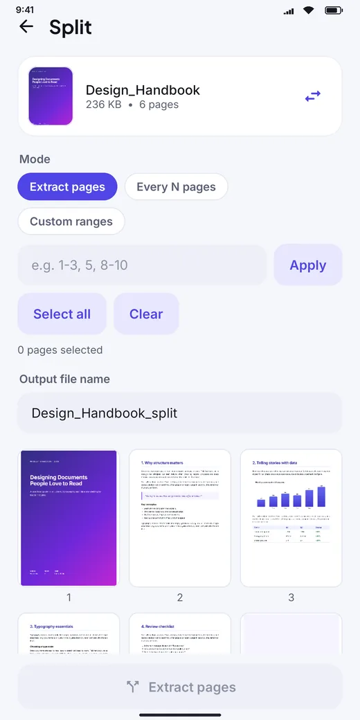 PDF Viewer split and extract screen